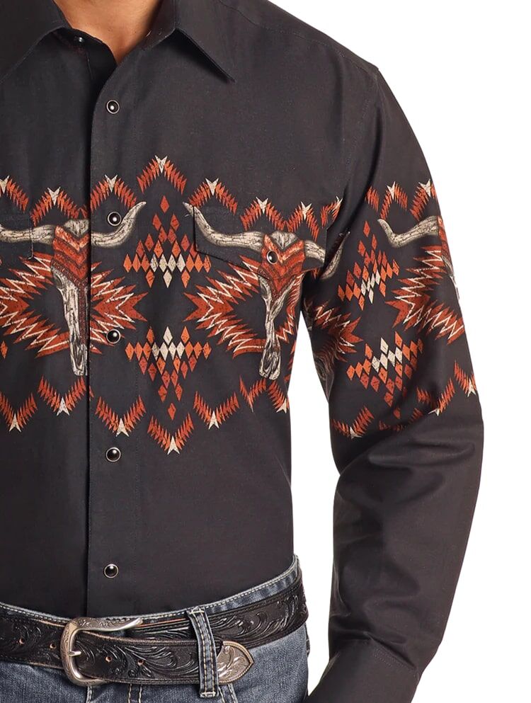 Panhandle Slim Men's Longhorn Aztec Print Border Shirt