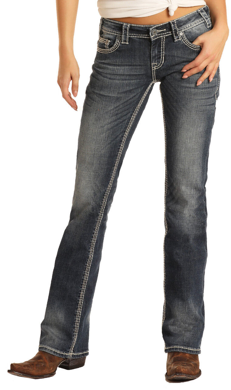 Rock & Roll Cowgirl Women's Mid Rise Stretch Bootcut Riding Jeans in Dark Vintage