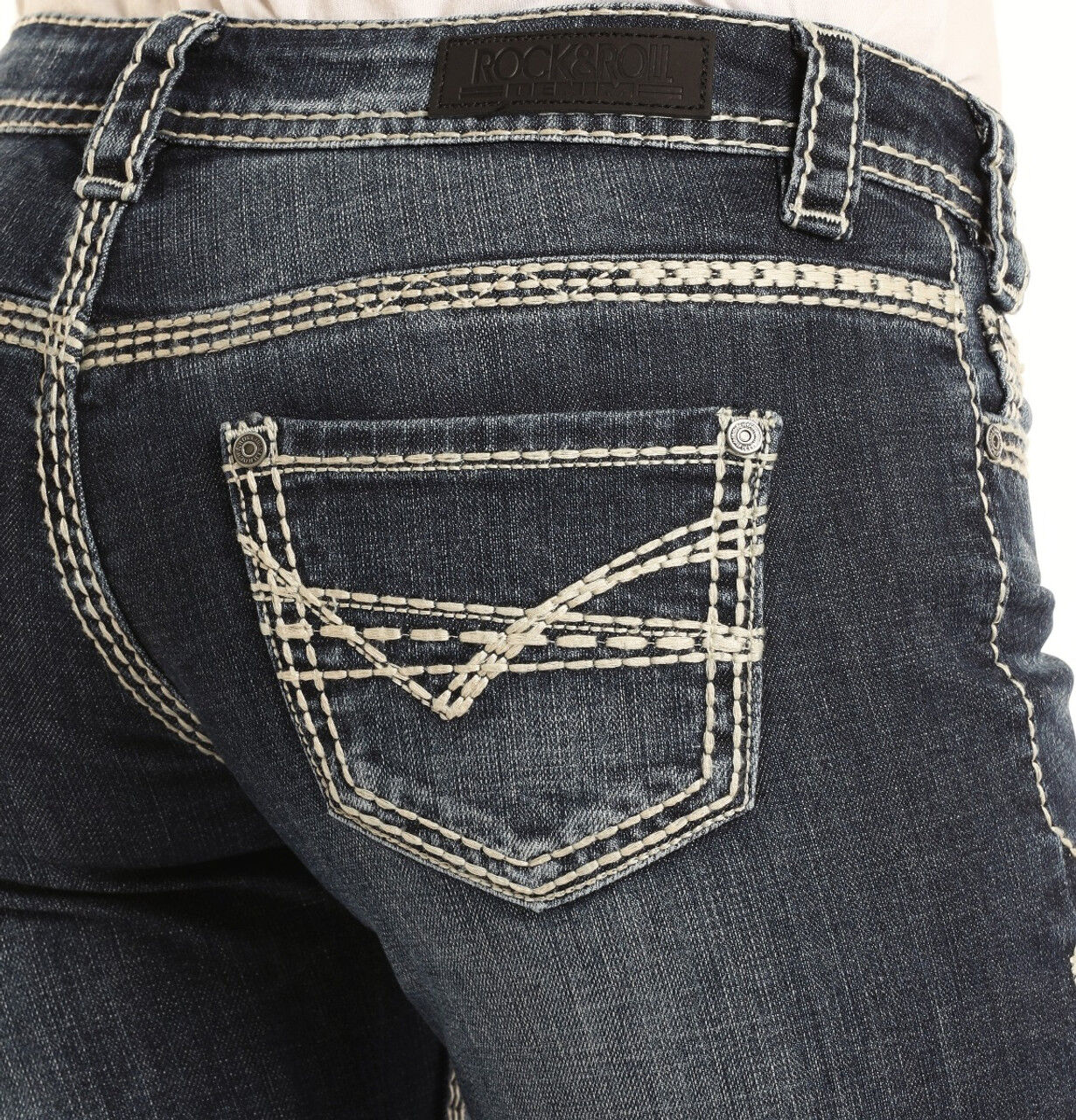 Rock & Roll Cowgirl Women's Mid Rise Stretch Bootcut Riding Jeans in Dark Vintage