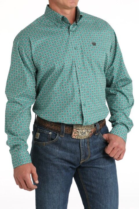 Cinch Men's Geometric Print Button Down Western Shirt in Green