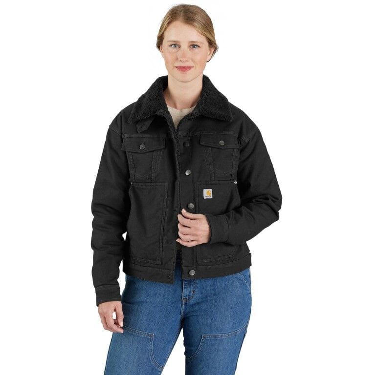 Carhartt Women's Rugged Flex Loose Fit Canvas Sherpa Lined Jacket in Black