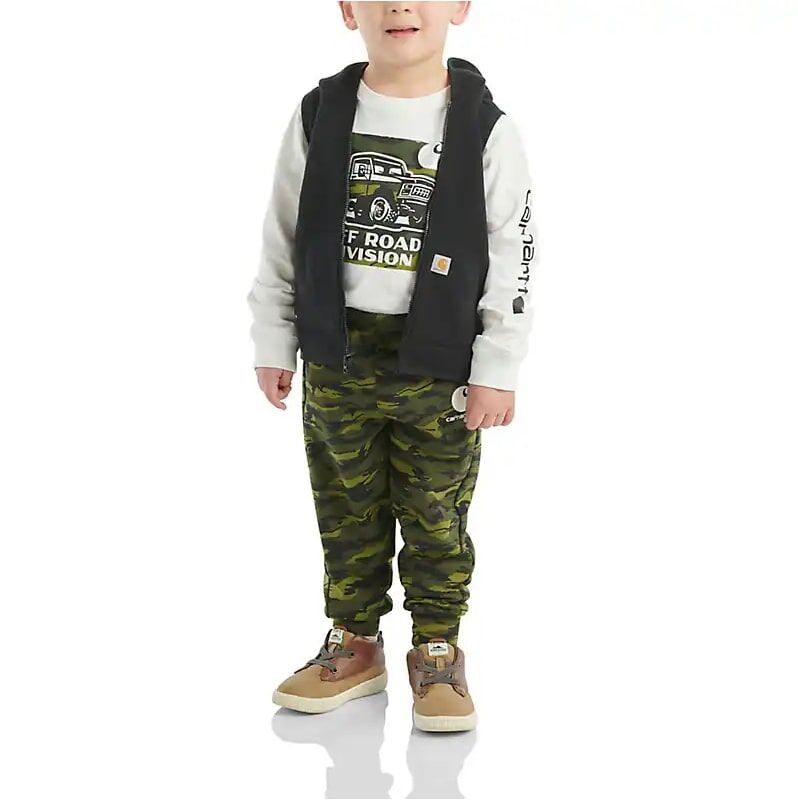 Carhartt Boy's Long Sleeve T-Shirt With Zip Front Vest & Camo Pant Set