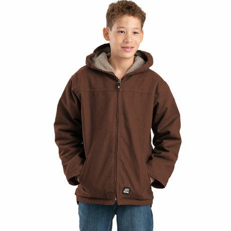 Berne Boys Washed Hooded Coat Sherpa Lined in Brown