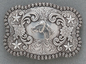 M & F Western Women's Horse Head Belt Buckle in Silver
