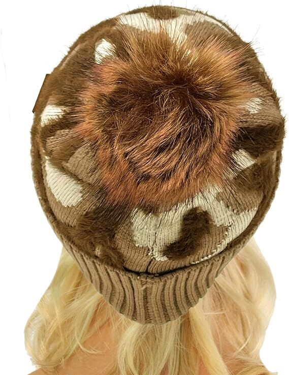 C.C. Baby Women's Fur Pom winter Cable Knit Beanie in Camouflage Taupe