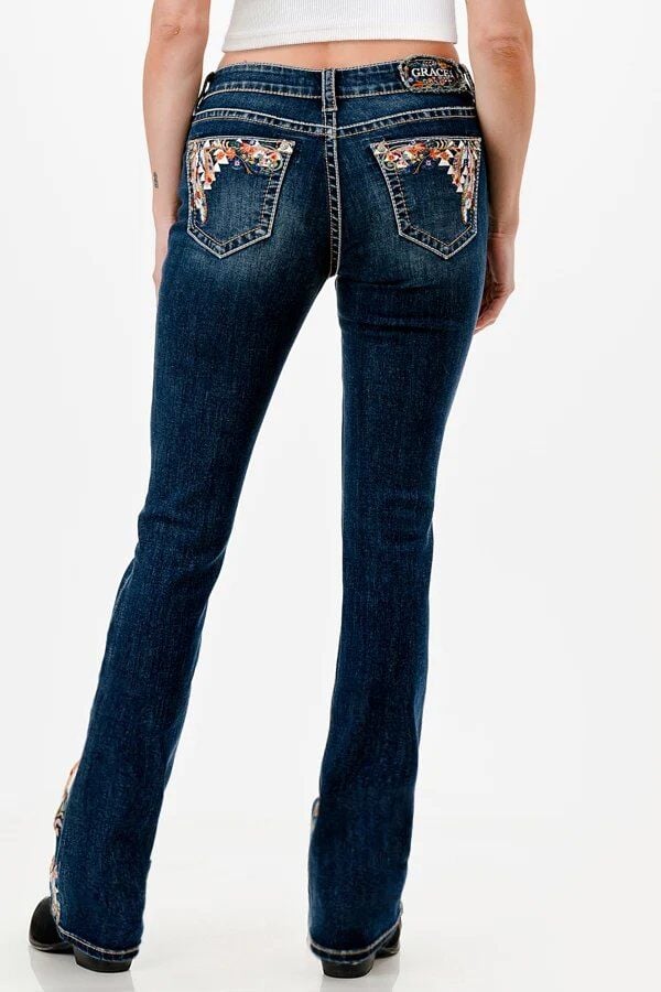 Grace In LA Women's Floral Colorful Embroidered Bootcut Jean