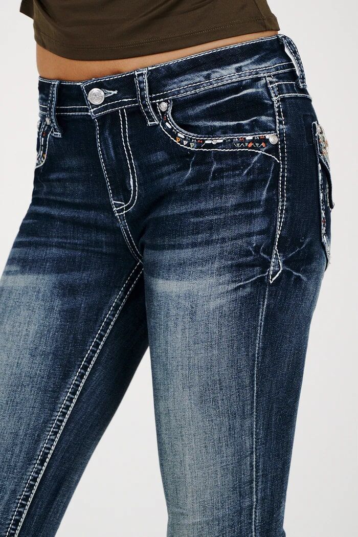 Grace in LA Women's Dream Catcher Embroidered Pocket Mid Rise Bootcut Jeans