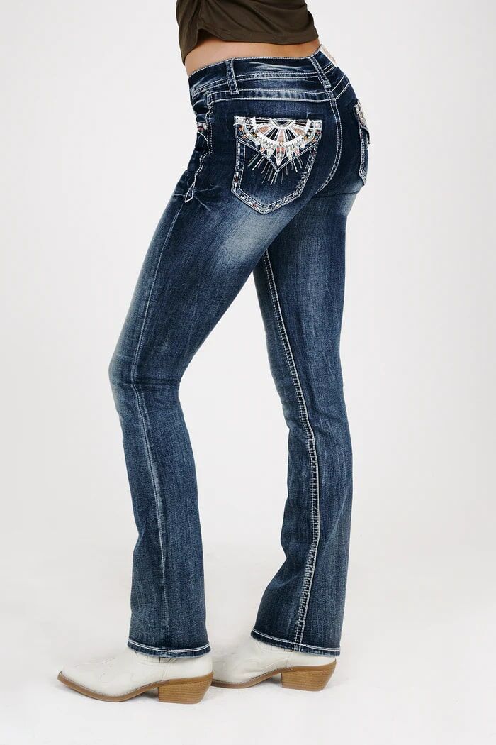 Grace in LA Women's Dream Catcher Embroidered Pocket Mid Rise Bootcut Jeans