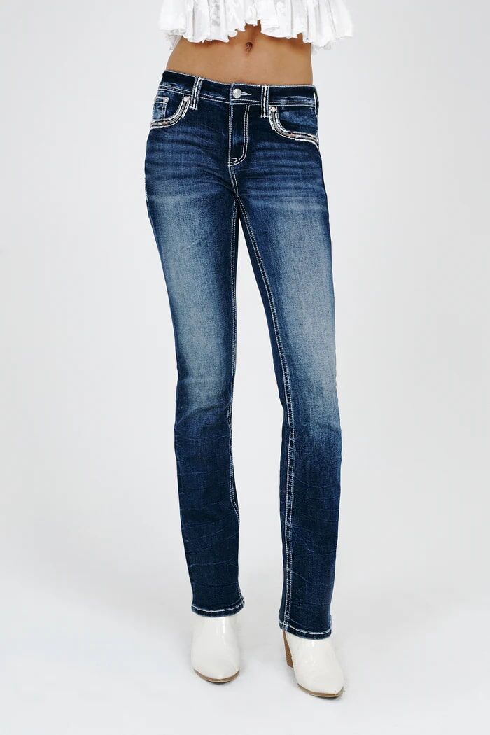 Grace In LA Women's Cross Embroidery Mid Rise Bootcut Jeans in Dark Wash