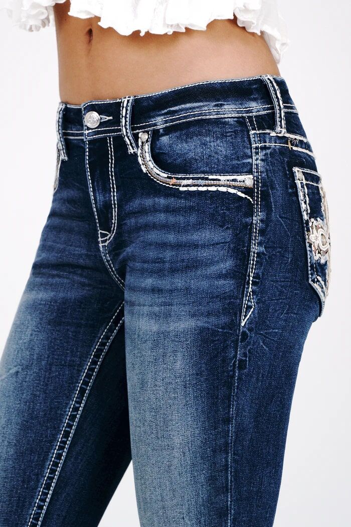 Grace In LA Women's Cross Embroidery Mid Rise Bootcut Jeans in Dark Wash