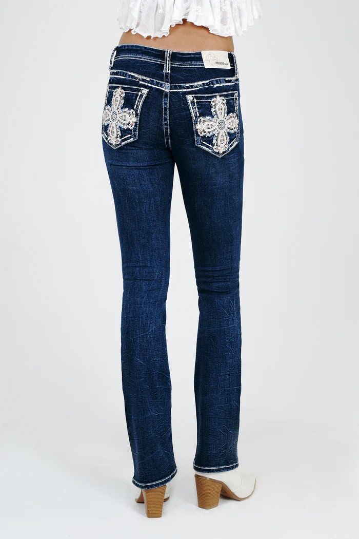 Grace In LA Women's Cross Embroidery Mid Rise Bootcut Jeans in Dark Wash
