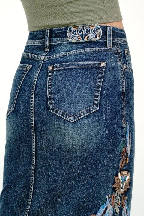 Grace In LA Women's Tribal Feathers Embroidered Denim Skirt