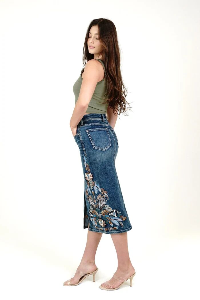 Grace In LA Women's Tribal Feathers Embroidered Denim Skirt