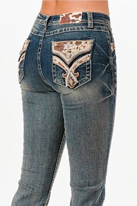 Grace In LA Women's Horse Hide Trims Faux Flap Mid Rise Bootcut Recycle Fabric Jeans