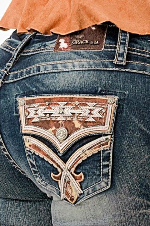 Grace In LA Women's Horse Hide Trims Faux Flap Mid Rise Bootcut Recycle Fabric Jeans