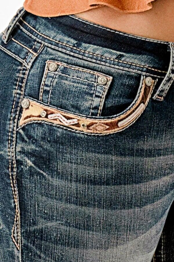 Grace In LA Women's Horse Hide Trims Faux Flap Mid Rise Bootcut Recycle Fabric Jeans