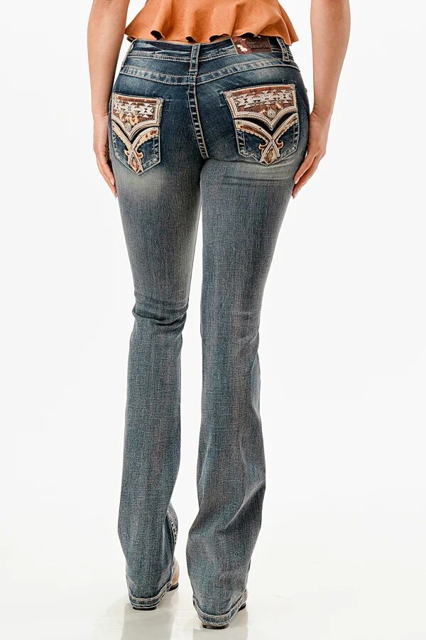 Grace In LA Women's Horse Hide Trims Faux Flap Mid Rise Bootcut Recycle Fabric Jeans