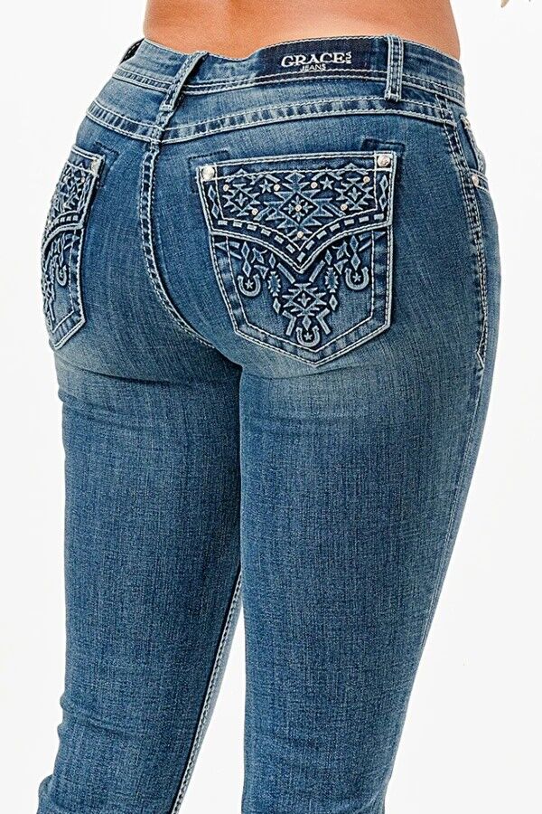 Grace In LA Women's Aztec 3D Faux Flap Mid Rise Bootcut Jeans