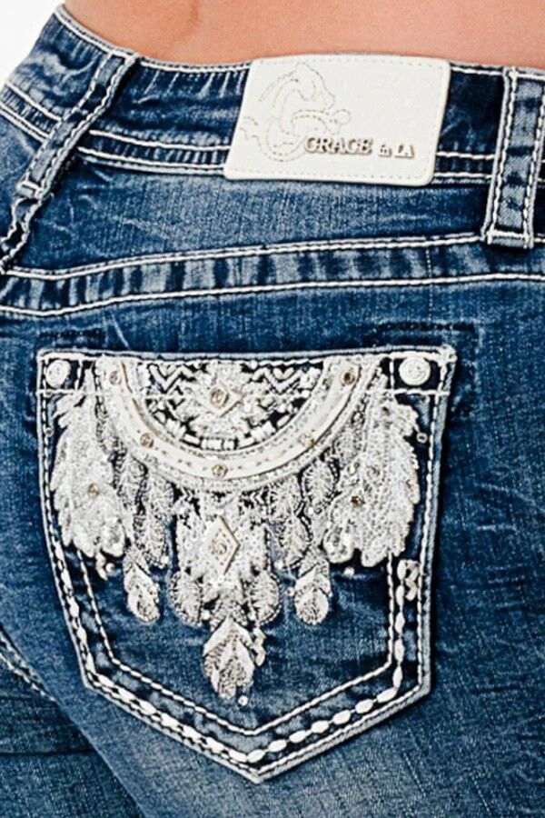 Grace In LA Women's Lunar Dreamcatcher Rhinestone Pocket Jeans