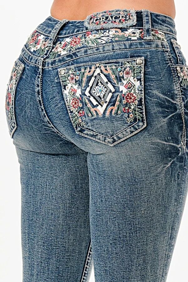 Grace In LA Women's Floral Embroidery Spring Mid Rise Bootcut Jeans in Medium Wash