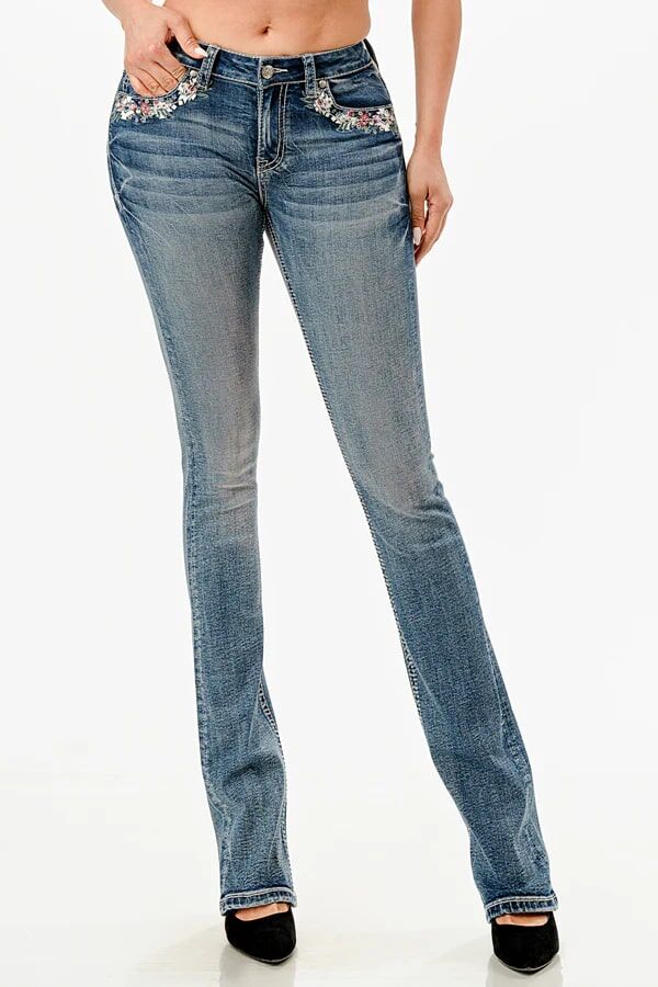 Grace In LA Women's Floral Embroidery Spring Mid Rise Bootcut Jeans in Medium Wash