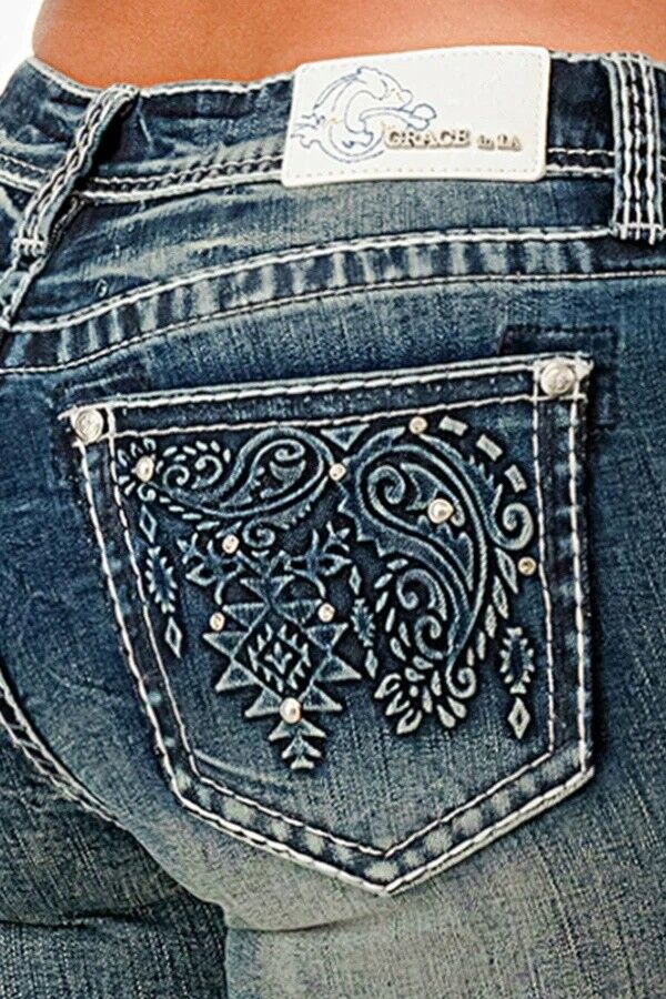 Grace In LA Paisley Embellished Rhinestone Jeans