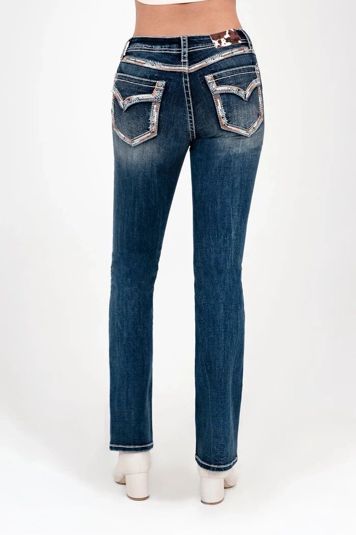 Grace In LA Women's Border Copper Embroidered Faux Flap Mid Rise Bootcut Jeans