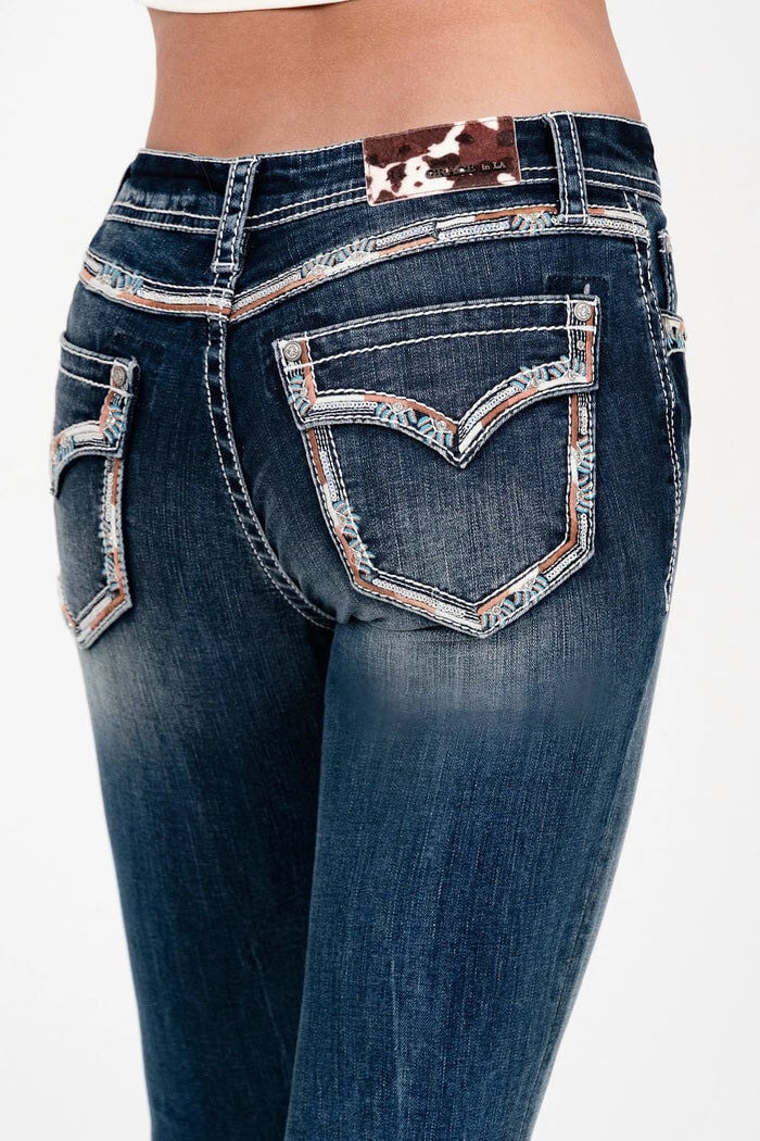 Grace In LA Women's Border Copper Embroidered Faux Flap Mid Rise Bootcut Jeans