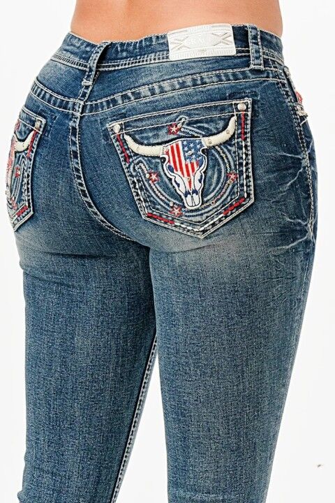 Grace in LA Women's American Steer Head Embellished Bootcut Jeans