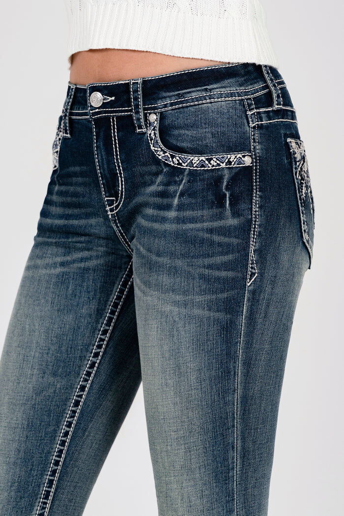 Grace In LA Women's Western Embellishment Mid Rise Bootcut Jeans