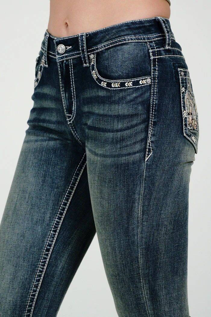 Grace In LA Women's Steer Head/Mountain View Embellished Mid Rise Bootcut Jeans in Dark Wash