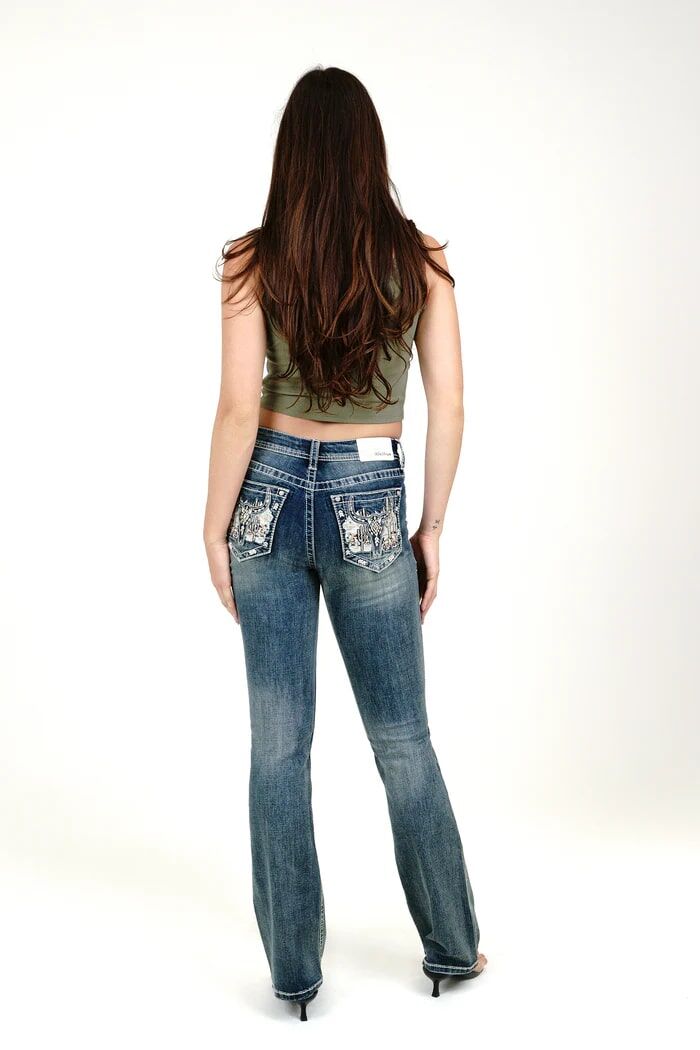 Grace In LA Women's Steer Head/Mountain View Embellished Mid Rise Bootcut Jeans in Dark Wash