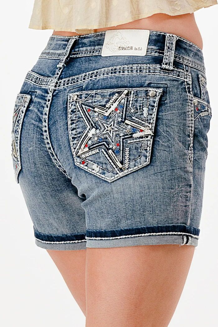 Grace In LA Women's Shooting Star Mid Rise Embroidered Denim Shorts