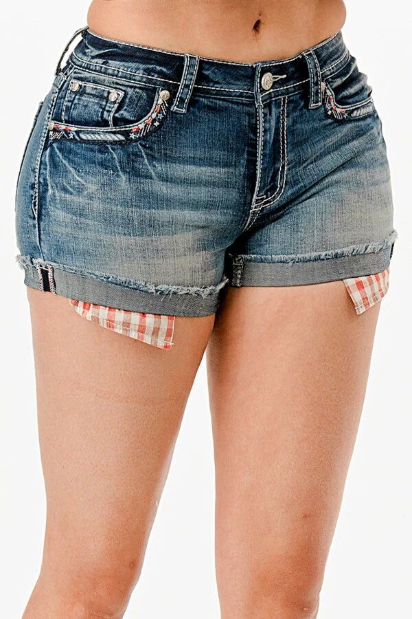 Grace In LA Women's American Feathers Embroidered Mid Rise Denim Shorts