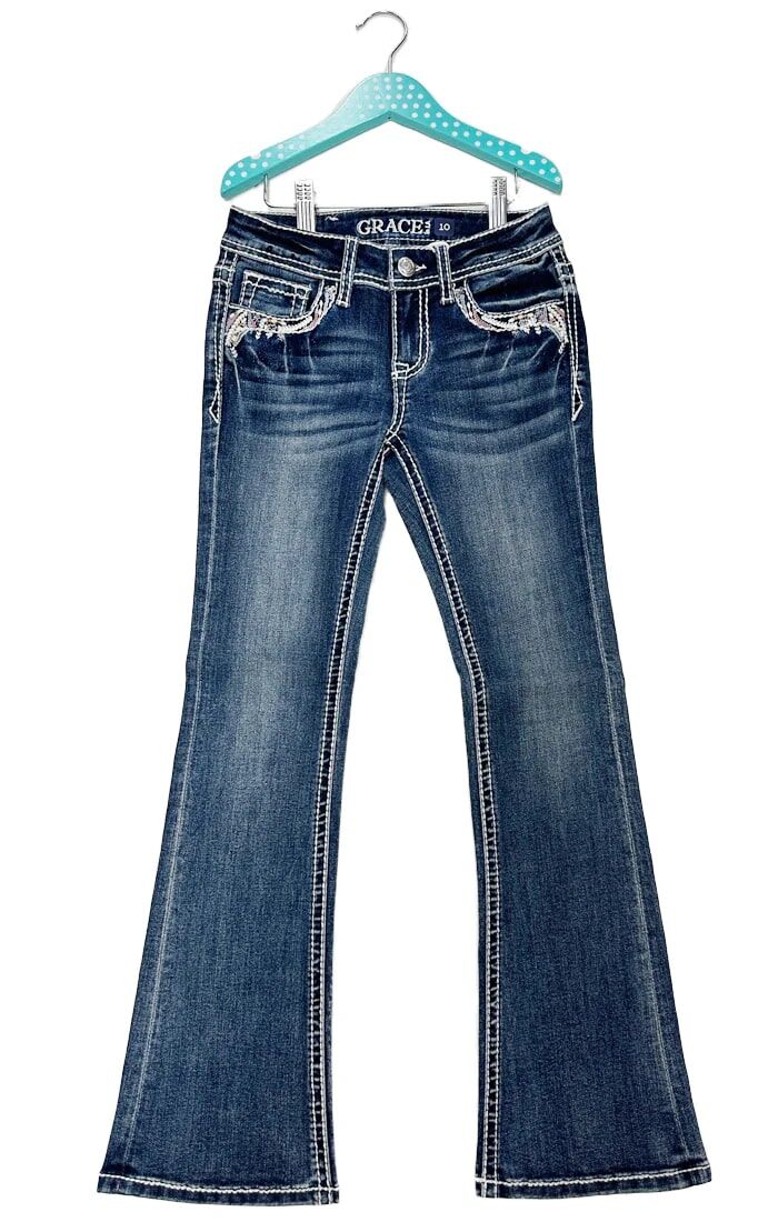 Grace in LA Girl's Heavy Stitches Detail Embroidery Bootcut Jeans in Dark Wash