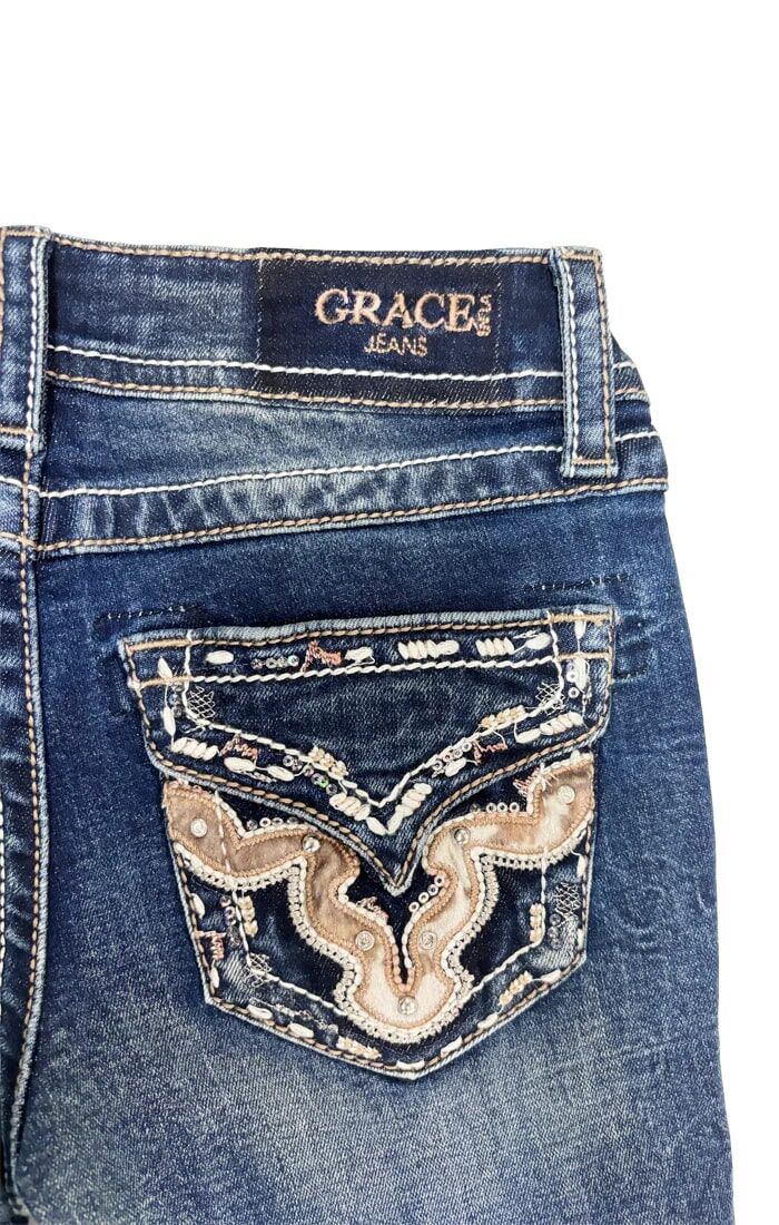 Grace In LA Girl's Horse Hide Trim Faux Flap Bootcut Jean