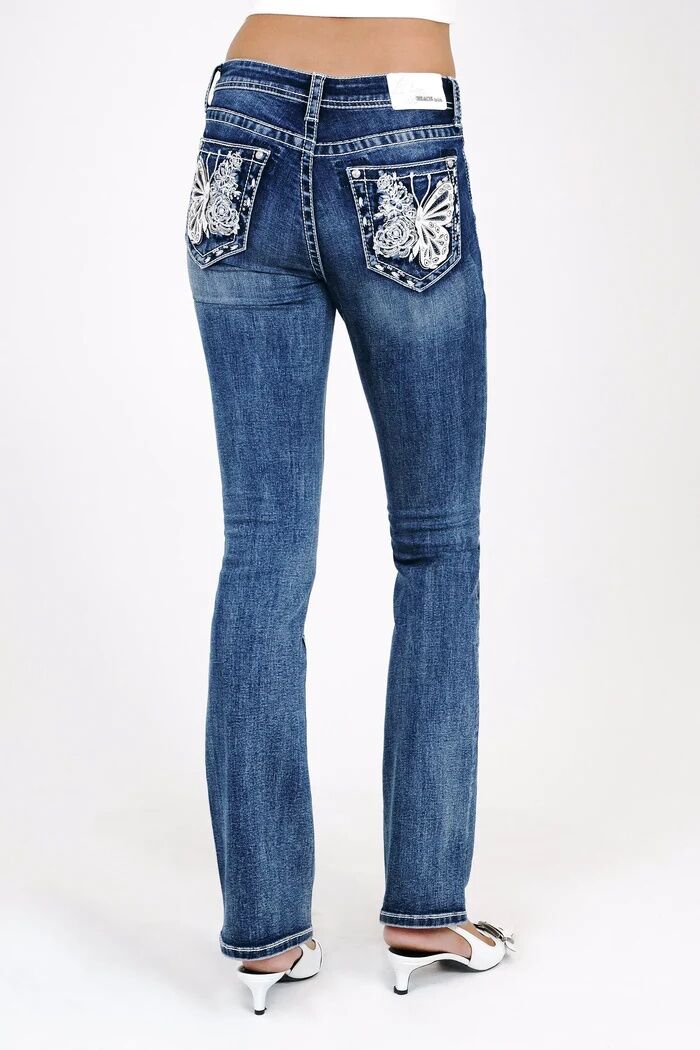 Grace In LA Girl's Butterfly Embroidered Mid Rise Bootcut Jean