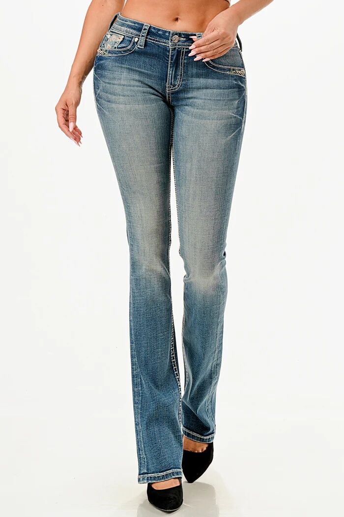 Grace in LA Girl's Steer Head Embroidery Mid Rise Bootcut Jean