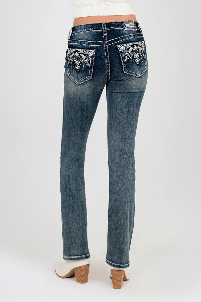 Grace In LA Girl's Western Feathers Mid Rise Embellished Bootcut Jean