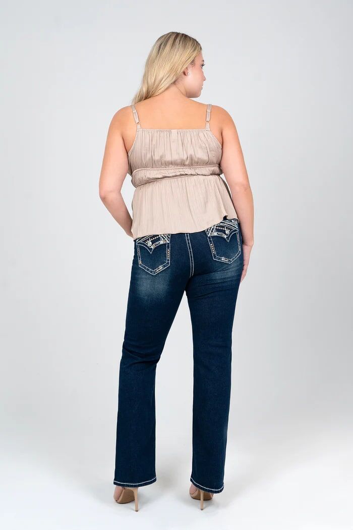 Grace In LA Women's Heavy Stitches Faux Flap Plus Size Bootcut Jeans in Dark Wash