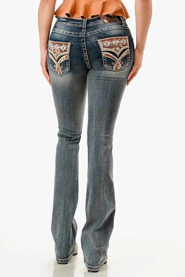 Grace In LA Women's Horse Hide Trims Faux Flap Mid Rise Bootcut Recycle Fabric Jeans