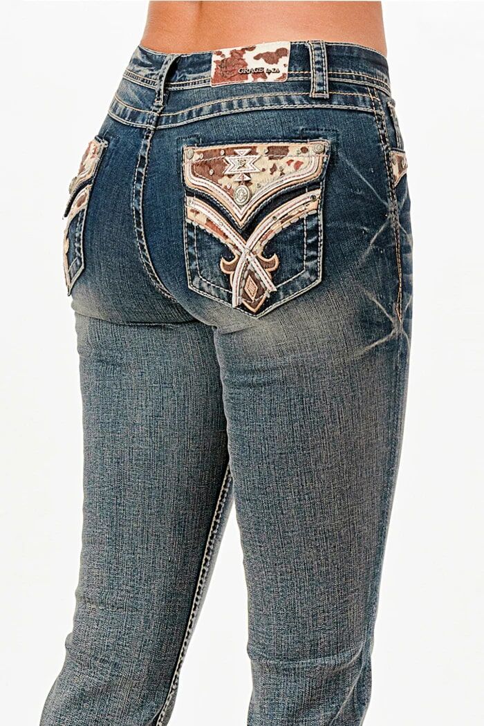 Grace In LA Women's Horse Hide Trims Faux Flap Mid Rise Bootcut Recycle Fabric Jeans