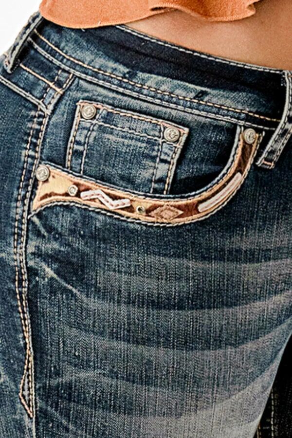 Grace In LA Women's Horse Hide Trims Faux Flap Mid Rise Bootcut Recycle Fabric Jeans