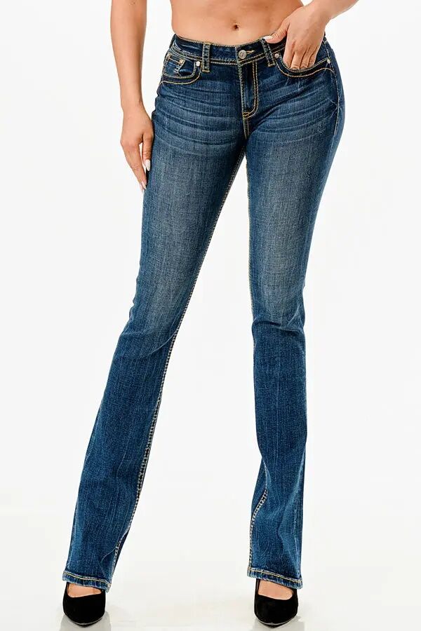 Grace In LA Women's Basic 4 Pockets Med Blue Mid Rise Bootcut Jeans