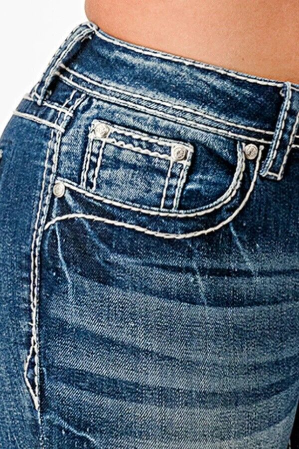 Grace In LA Women's Wing Simple Stitches Mid Rise Bootcut Jeans