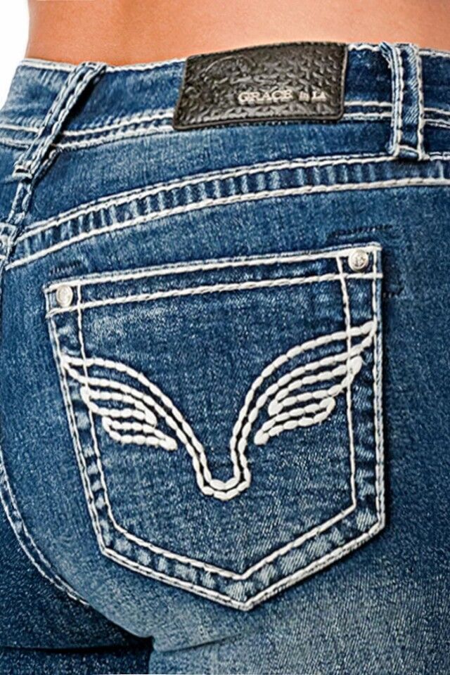 Grace In LA Women's Wing Simple Stitches Mid Rise Bootcut Jeans