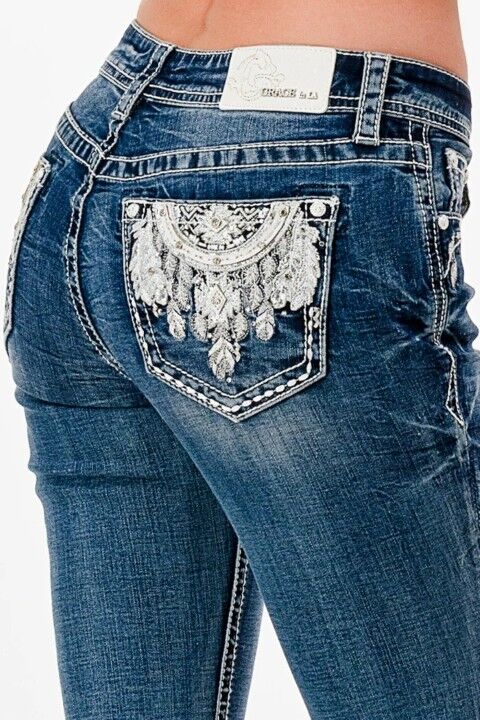 Grace In LA Women's Lunar Dreamcatcher Rhinestone Pocket Plus Size Jeans