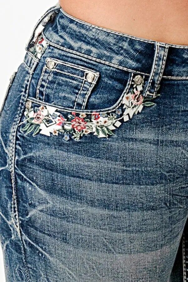 Grace In LA Women's Western Flowers Rhinestone Embellished Jeans