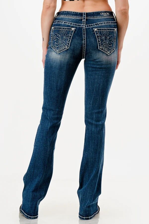 Grace In LA Women's Flu De Lee 3D Mid Rise Bootcut Rhinestone Jeans