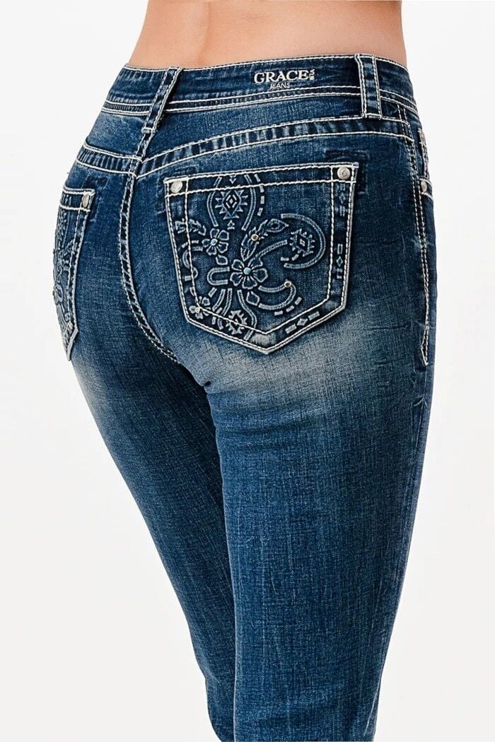 Grace In LA Women's Flu De Lee 3D Mid Rise Bootcut Rhinestone Jeans